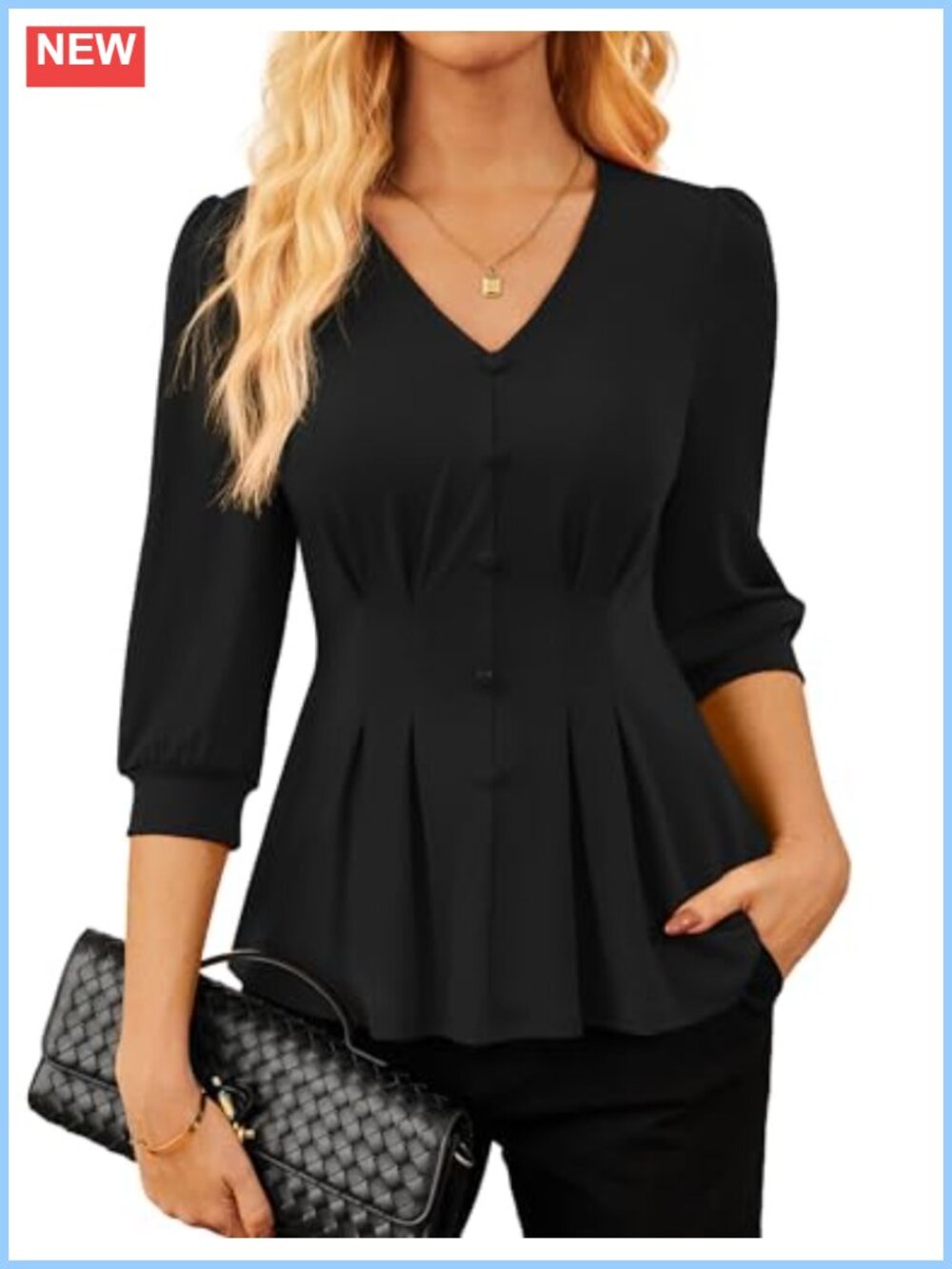 Women's Peplum Blouse V-Neck Business Casual Tops 3/4 Sleeve